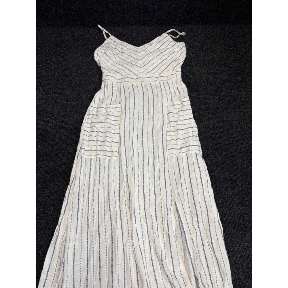 Monteau Los Angeles Blue White Striped Maxi Dress XS Smocked Back Pockets